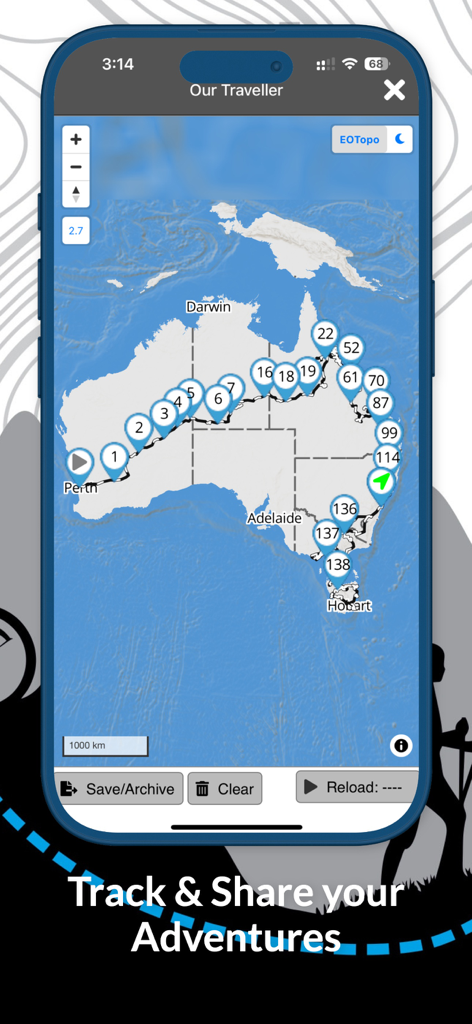 ExplorOz Traveller - ExplorOz Traveller app displaying a detailed travel route across Australia with numbered tracking markers.