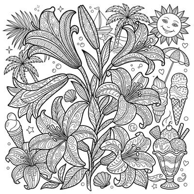 Unwind with this beautiful coloring page combining elegant lilies with intricate Zentangle patterns, set against a delightful summer backdrop. Perfect for bringing a touch of mindful relaxation to your sunny days.