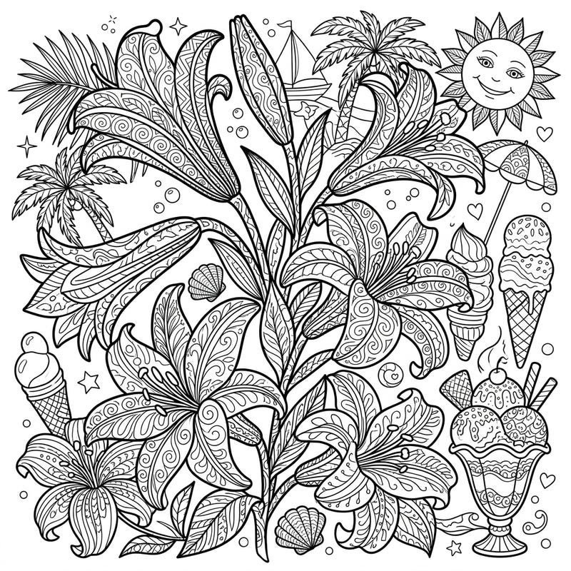 Unwind with this beautiful coloring page combining elegant lilies with intricate Zentangle patterns, set against a delightful summer backdrop. Perfect for bringing a touch of mindful relaxation to your sunny days.