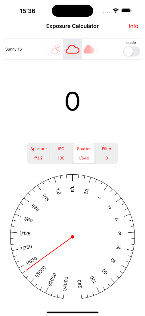 Exposure Equivalence - Oberfläche der mobilen Belichtungsgleichwertigkeits-App zur Berechnung von Verschlusszeit und manuellen Belichtungseinstellungen