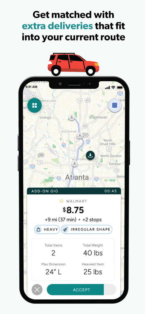 Interface de l'application Roadie Driver montrant une carte avec un itinéraire et une mission de livraison supplémentaire de Walmart