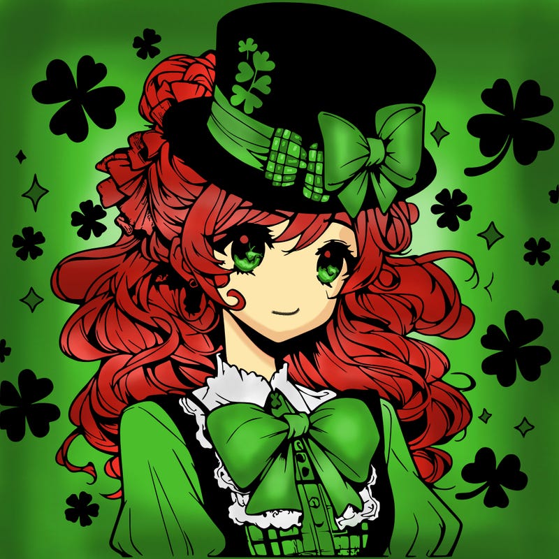 a manga-style girl with clovers around her, a little hat in her hair, like it's saint patrick's day