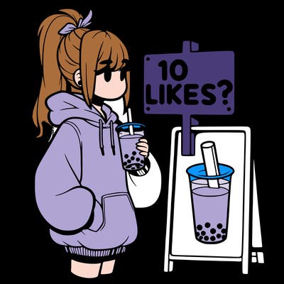 girl with oversized hoodie drinking boba and she has a high ponytail with a sign that says 10likes?