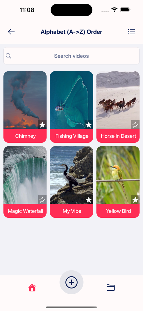 Fuevana IPTV Pro app interface showing a video library sorted alphabetically with thumbnails