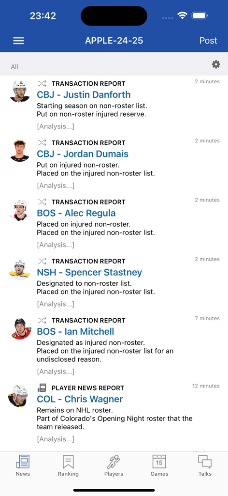 A news feed on the PoolExpert app displaying real-time NHL transaction reports and player updates