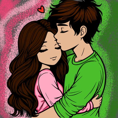 a realistic couple boy and girl hugging and kissing