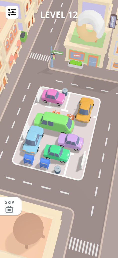 Car Parking - Drive Away 3D - Uma visão de cima para baixo em 3D do nível 12 de um jogo de puzzle de engarrafamento de estacionamento com veículos coloridos