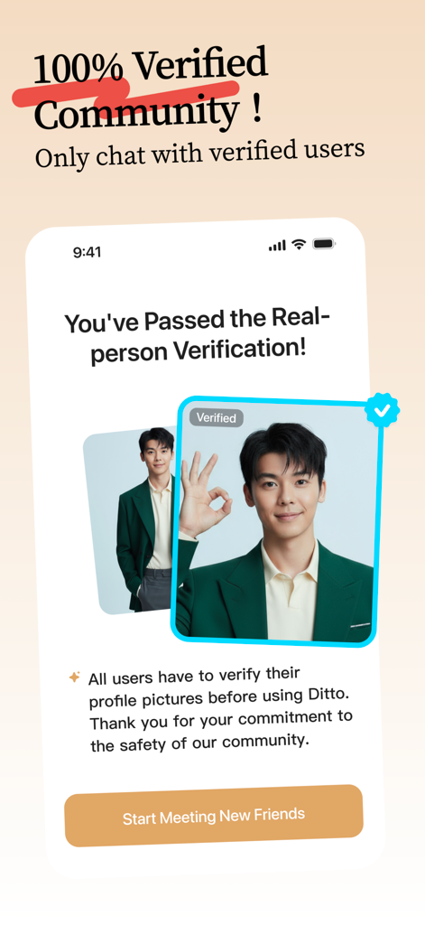 Ping! - Verified Chats - A mobile app interface for Ping showing a user profile with a 100 percent verified badge and a real person verification confirmation message.