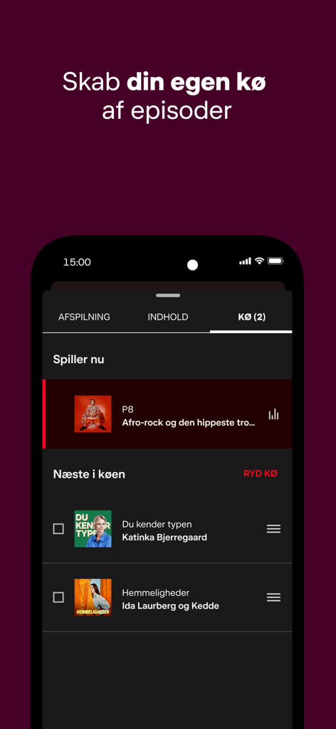 DR LYD - DR LYD app interface showing a personalized queue of podcast episodes