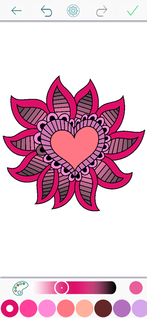 Color Therapy Coloring Pages - Interfaz de una aplicación de colorear digital para adultos con una flor de mandala en forma de corazón rosa para aliviar el estrés.