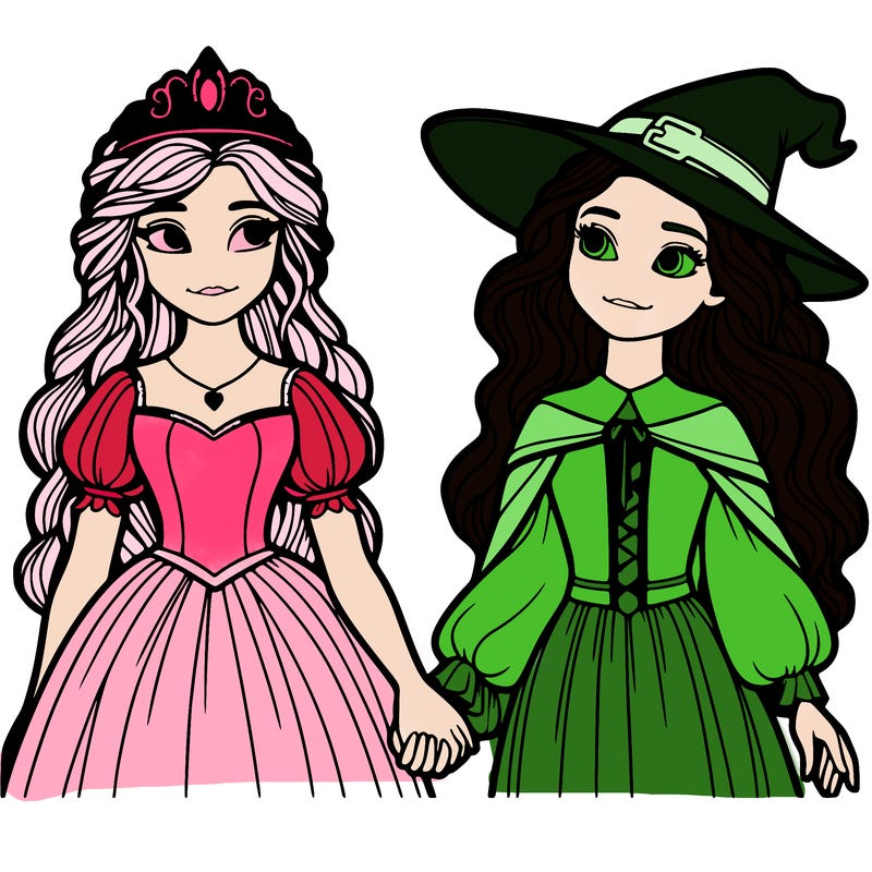 a princess and a witch holding hands realistic
