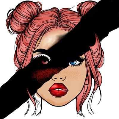 realistic girl with two buns on her hair and lips