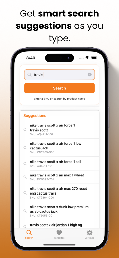 Deal Reaper - 딜 리퍼 앱 검색 화면이 트래비스 스캇 스니커즈에 대한 실시간 스마트 제안을 표시합니다.