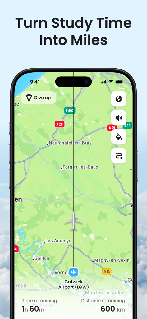FocusTok: Deep Focus Timer - FocusTok app interface displaying a flight map that tracks study time as miles traveled