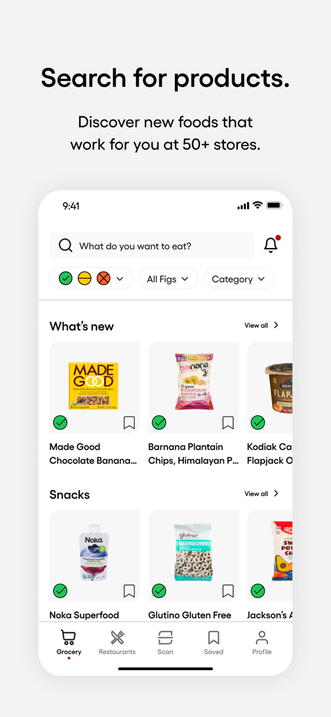 Mobile app interface of Fig showing a product search and discovery screen with safe food recommendations