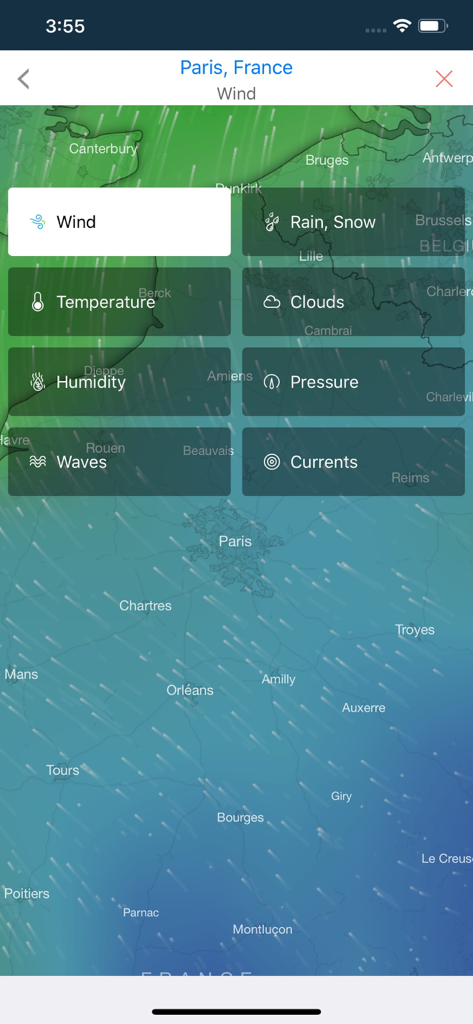 Accurate Weather forecast pro - Weather app interface showing a wind direction map layer for Paris France.