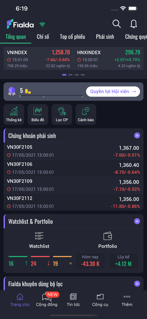 Fialda - Chứng khoán, Bảng giá - A screenshot of the Fialda mobile app overview screen showing Vietnamese stock market indices and investment tools