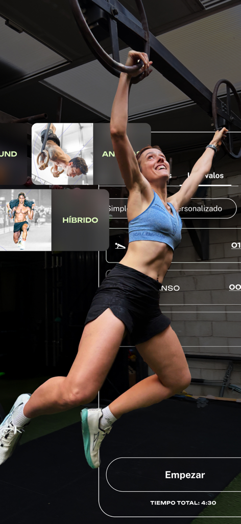 Silverback Training app interface showing hybrid workout options and a woman exercising in a gym