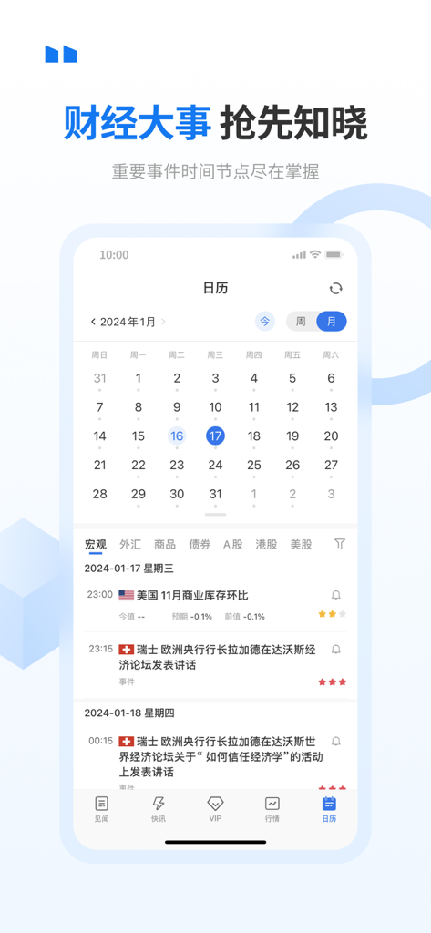Wall Street CN International app showing an economic calendar with upcoming global financial events and data
