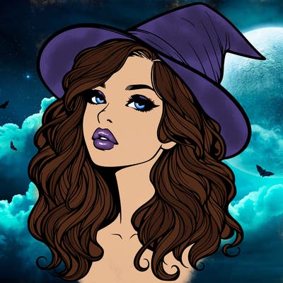 realistic witch girl with wavy hair and lips