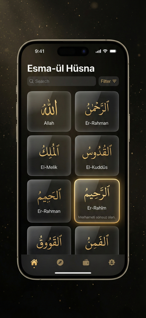 Hidayet: İslami Asistanınız - Mobile app screen showing the 99 Names of Allah in Arabic and Turkish
