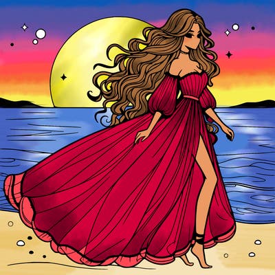 beautiful woman with a vaporous long dress walking on the beach at the noon, detailed art