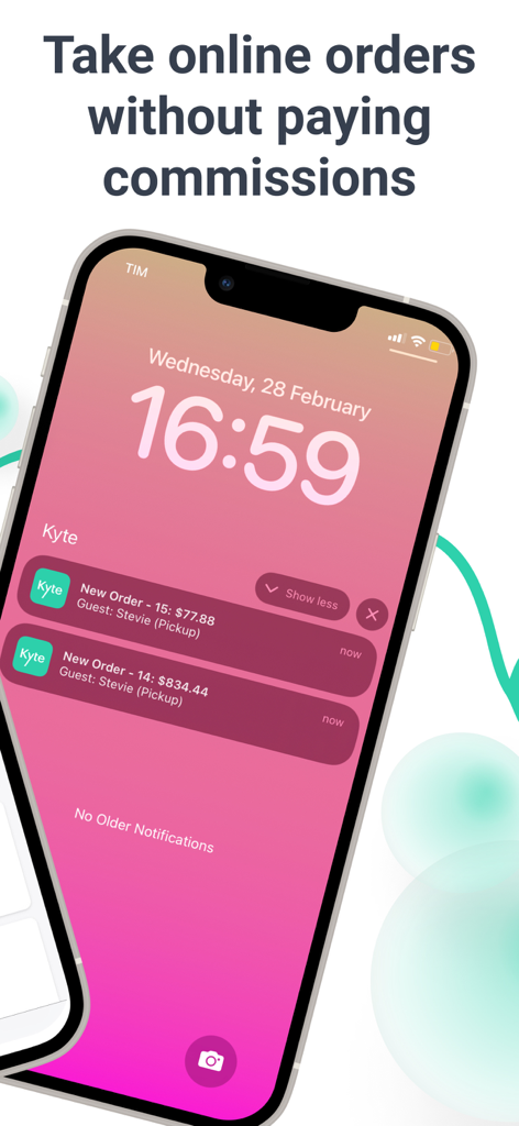 Kyte: Online Catalog and Store - Pantalla de smartphone con notificaciones de la app Kyte mostrando nuevos pedidos online y ventas sin comisiones
