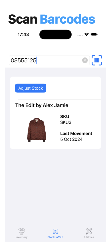 Inventory Management Pro Benutzeroberfläche mit Barcode-Scanning und Produktdetalldaten