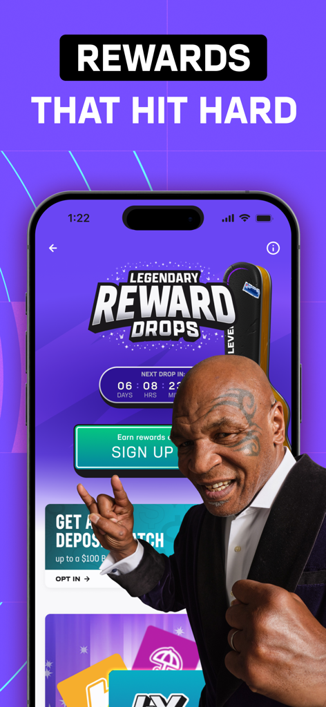 Hard Rock Bet: Sportsbook - Interfaz de la aplicación Hard Rock Bet con Mike Tyson y la promoción Rewards That Hit Hard.
