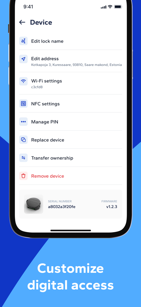 Smart MasterKey - Interfaz de la aplicación Smart MasterKey que muestra opciones de gestión de dispositivos para la personalización de cerraduras inteligentes y la configuración de seguridad