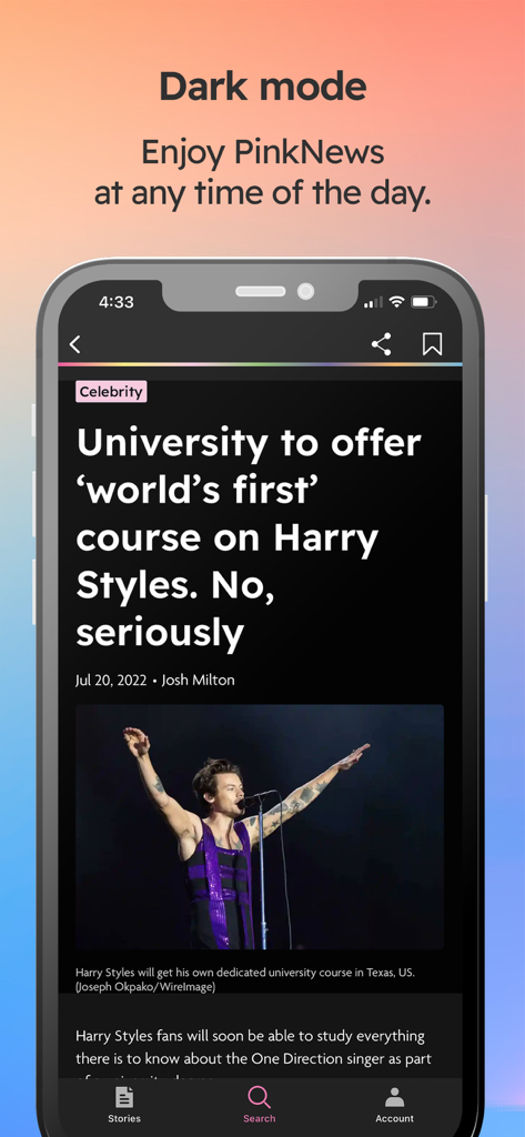 A mobile screenshot showing the PinkNews app in dark mode with a celebrity news article about Harry Styles