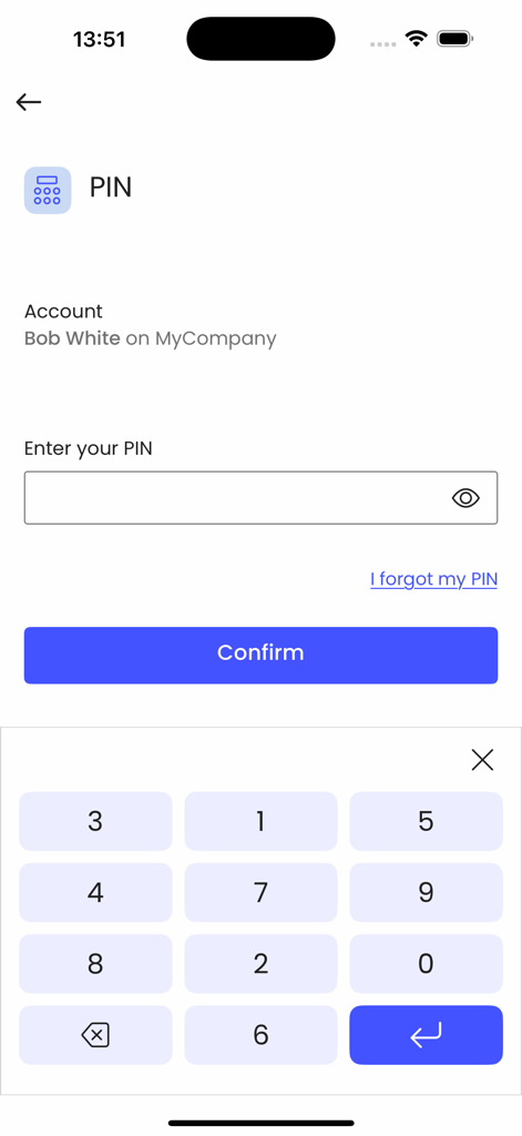 TrustBuilder Authenticator PIN entry screen for account verification