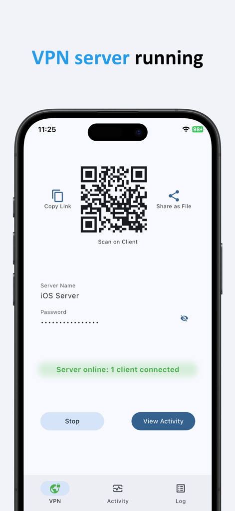 qrvpn 앱 화면이 QR 코드 및 연결 상태와 함께 활성 VPN 서버를 보여줍니다
