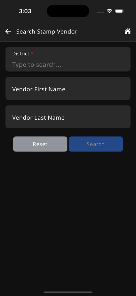 TNREGINET - Search stamp vendor interface in TNREGINET app with fields for district and vendor name