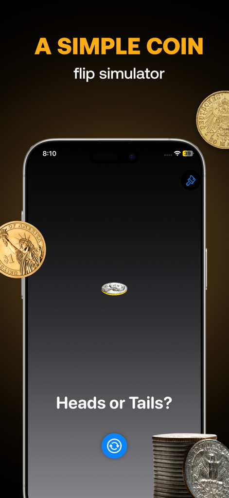 Flip a Coin - Heads or Tails - A smartphone displaying a digital coin flip app with the text Heads or Tails
