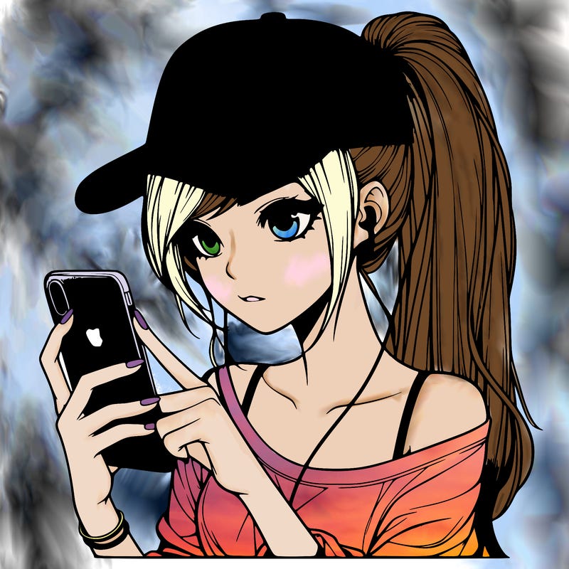 realistic girl with a long ponytail and trucker hat holding an iphone