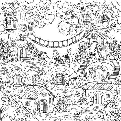 show a family of woodland animals living in houses within nature.  include trees, underground burrows, flowers, etc