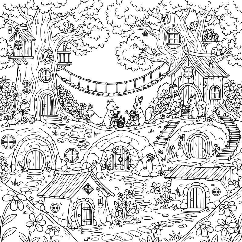 show a family of woodland animals living in houses within nature.  include trees, underground burrows, flowers, etc