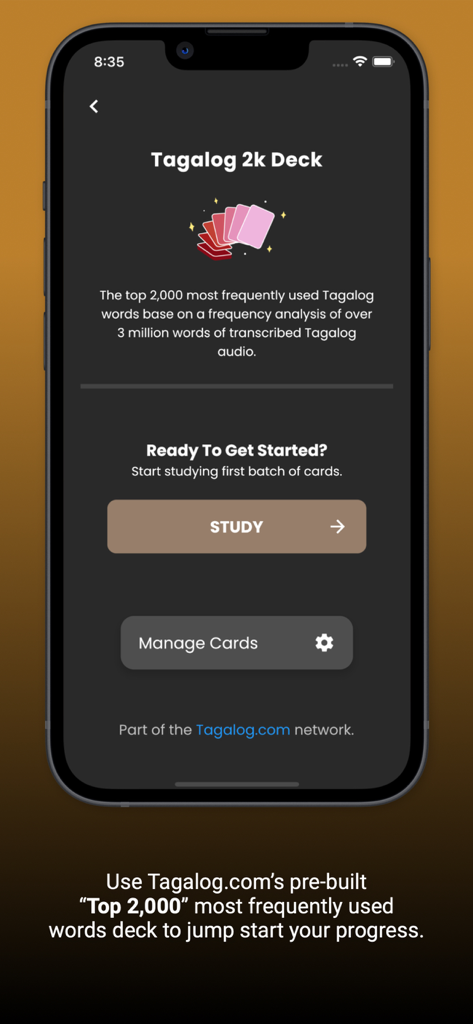 Tagalog Decks - Tagalog 2k Deck study interface in the Tagalog Decks mobile app.