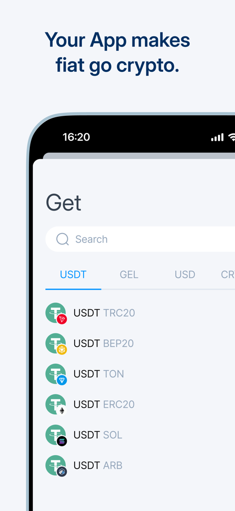 Interfaz de la aplicación móvil AllTrust.me mostrando varias opciones de red USDT para convertir fiat a criptomonedas.