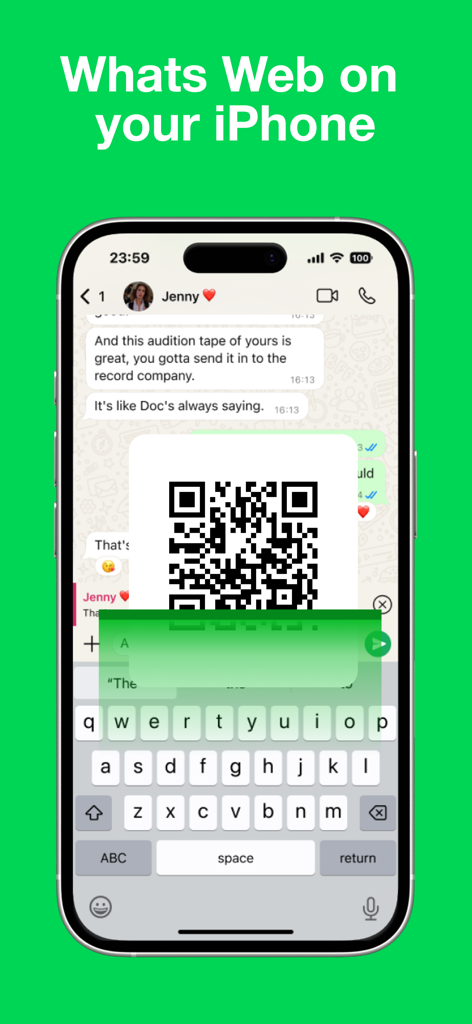 WhatScan : Dual Web Messenger - An iPhone displaying a QR code to link a second messaging account in the WhatScan app