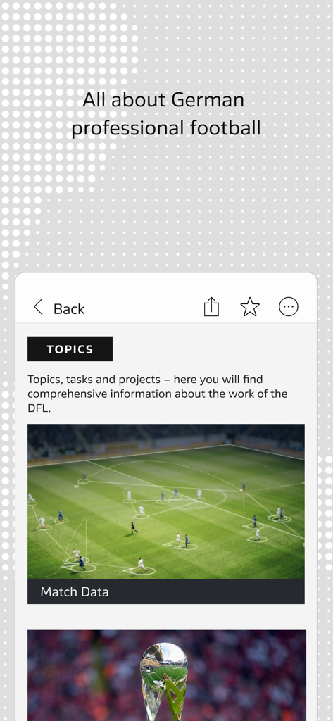 L'écran des thèmes de l'application DFL affichant des données tactiques de match et des informations sur le football professionnel allemand.