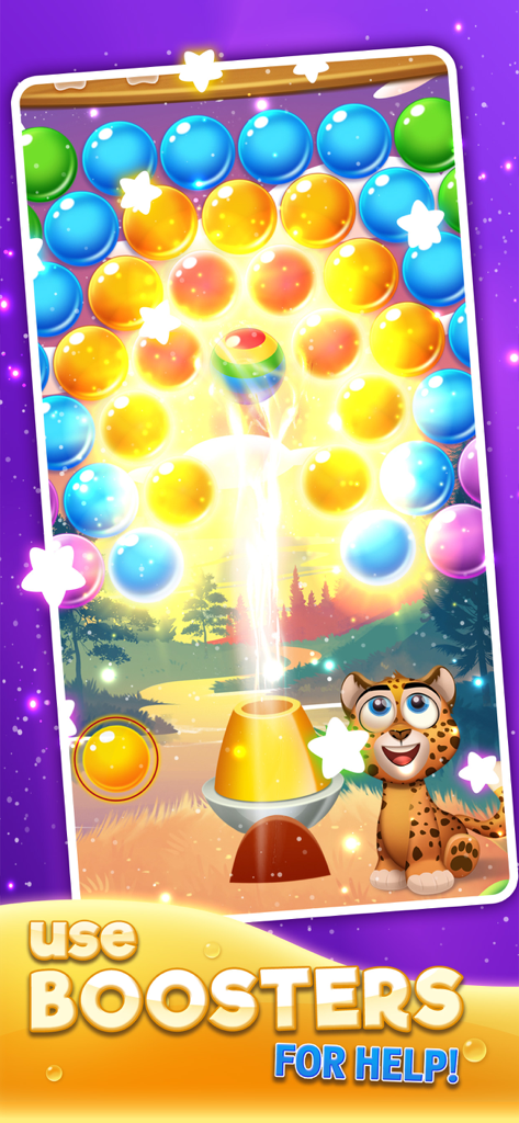 Bubble Pop: Wild Rescue - Gameplay screenshot of Bubble Pop Wild Rescue showing a rainbow booster bubble being launched toward a cluster of colorful bubbles next to a cute leopard cub.