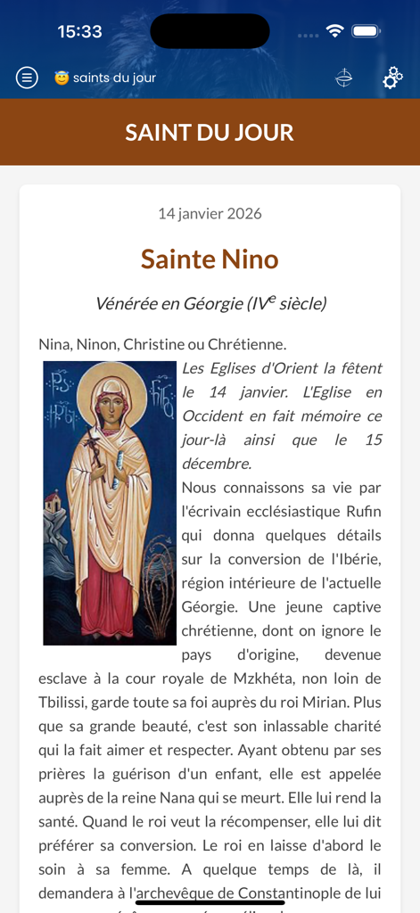 Eglise catholique en France - Saint of the day screen in the Eglise catholique en France app featuring Sainte Nino