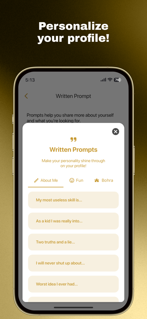Bohri Cupid app screen showing written prompts to personalize a user profile