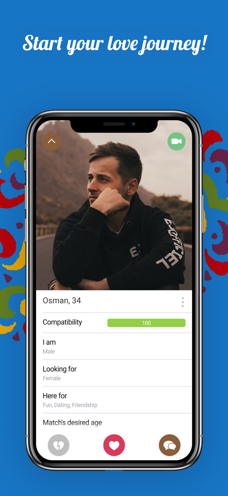 Caribbean Singles Meet: Dating - A user profile screen on the Caribbean Singles Meet app showing compatibility score and personal preferences