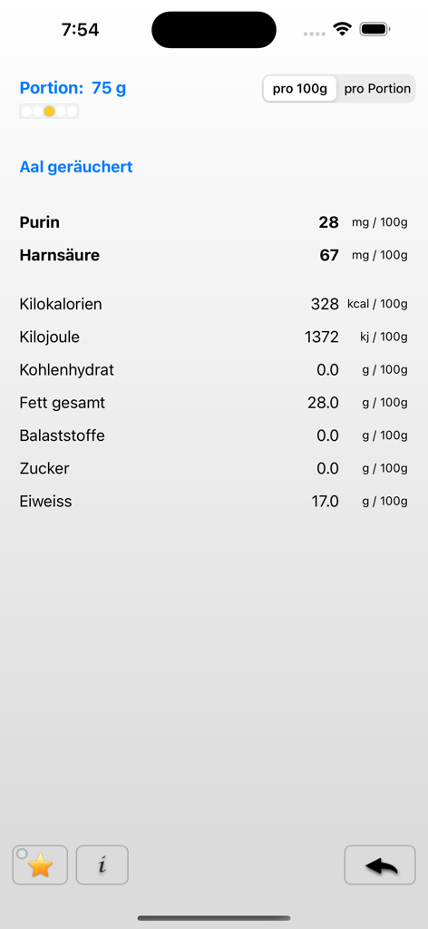 Bildschirm mit Nährwertdetails in der Purin-Tabelle App, der Purin- und Harnsäuregehalt für geräucherten Aal zeigt