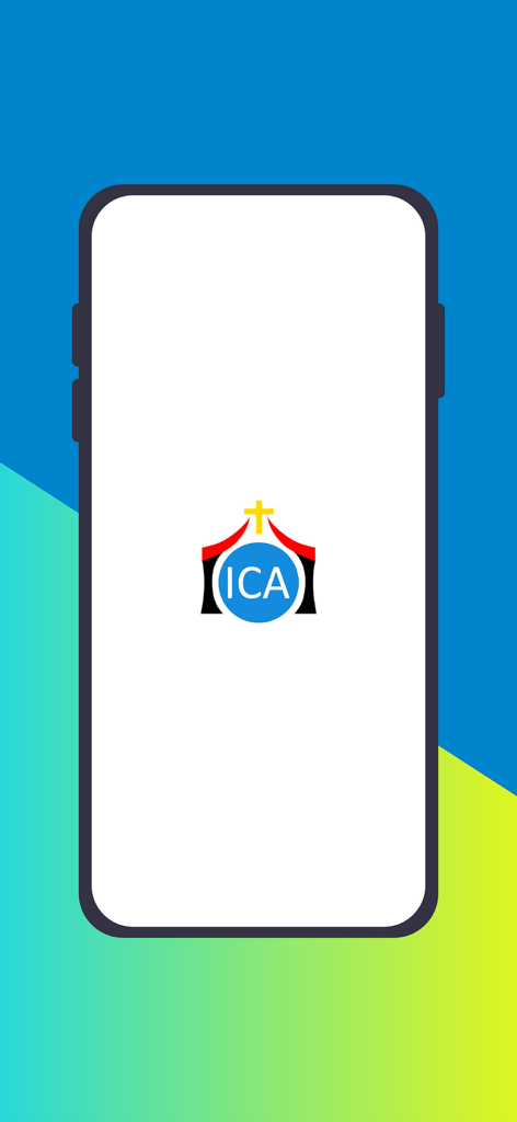 ICA APP: Online Church Portal - ICA Online Church Portal app splash screen featuring the church logo on a mobile device.