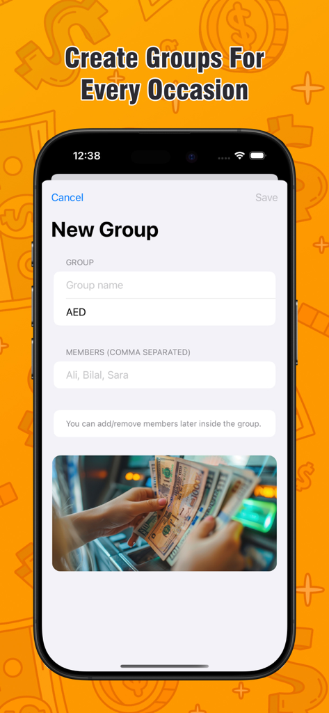 Money Control Budget - A smartphone screen displaying the New Group creation interface in the Money Control Budget app, featuring fields for group name and member list.