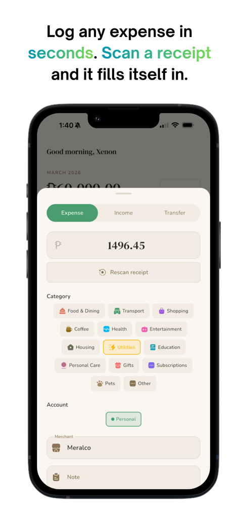 BudGIT AI - Offline Budget App - BudGIT AI mobile app interface showing how to scan receipts to automatically log expenses into categories like utilities.